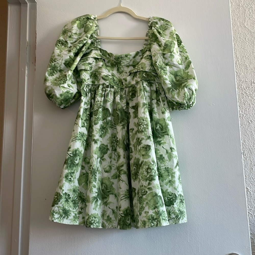 Green Floral Puff Sleeve Mini Dress